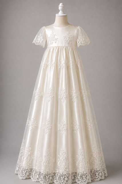 Charlotte vintage-inspired ivory christening gown with tulle lace and cap sleeves