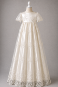 Charlotte vintage-inspired ivory christening gown with tulle lace and cap sleeves