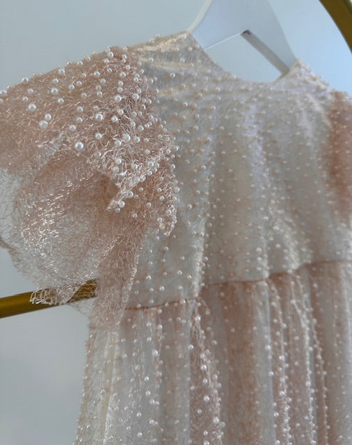 Handmade girls christening gown with soft peach metallic netting